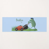 Funny green frog mowing lawn cartoon