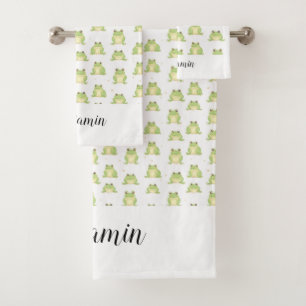 Funny green frog pattern boys name bath towel set