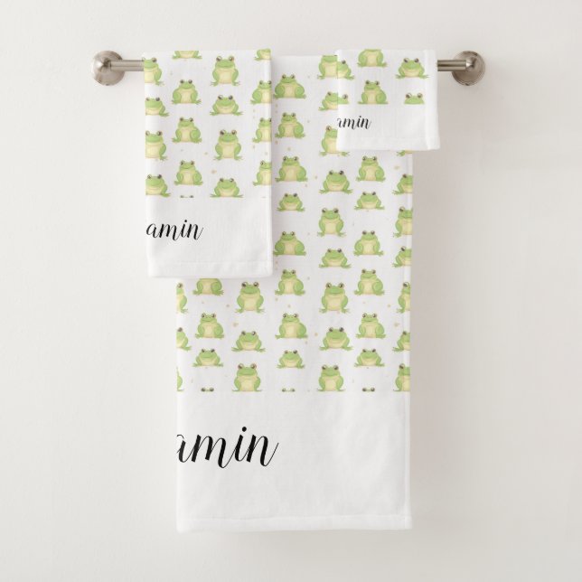 Funny green frog pattern boys name  bath towel set (Insitu)