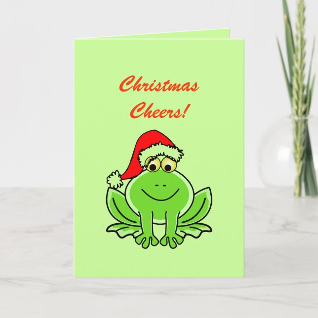 Funny Green Frog Santa Claus Hat Christmas Cheers Holiday Card (Front)