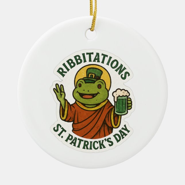 Funny Green Frog St. Patrick's Day  Ceramic Tree Decoration (Front)