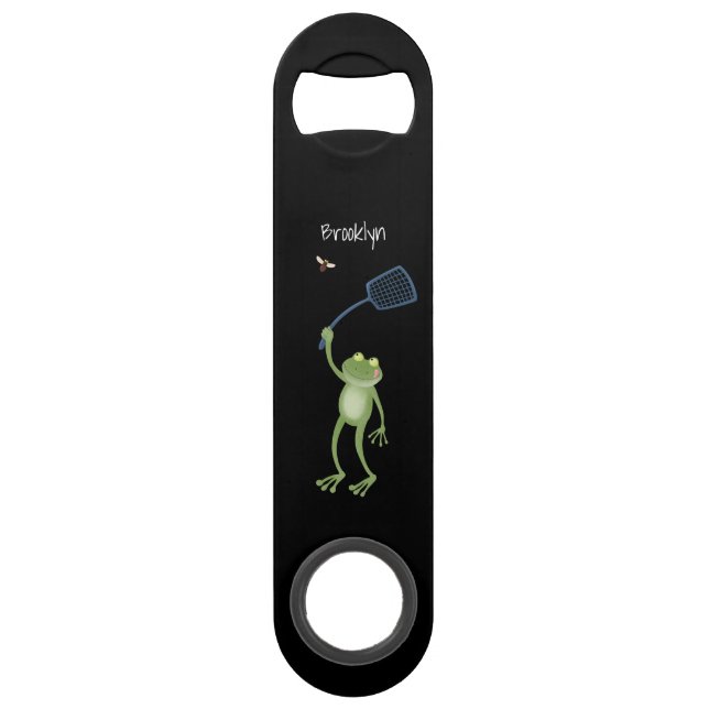 Funny green frog swatting fly cartoon (Front)