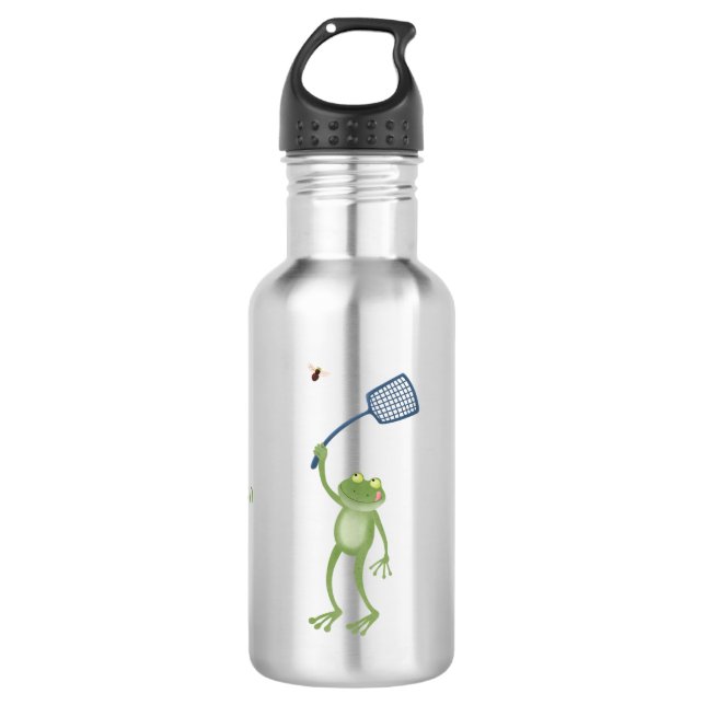 Funny green frog swatting fly cartoon  532 ml water bottle (Front)