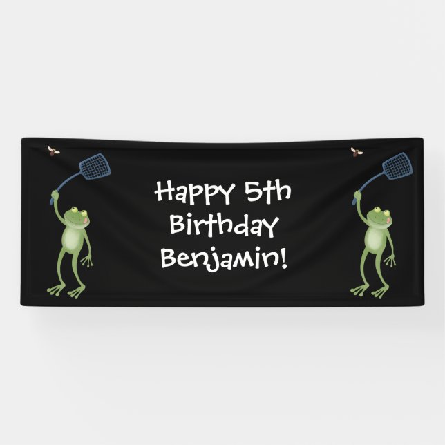 Funny green frog swatting fly cartoon  banner (Horizontal)