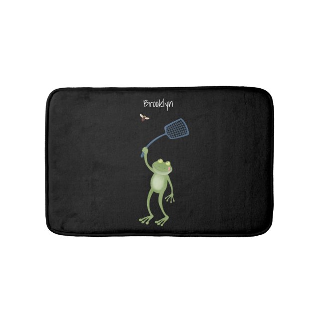 Funny green frog swatting fly cartoon bath mat (Front)