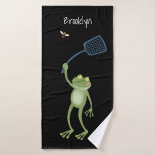 Funny green frog swatting fly cartoon  bath towel set
