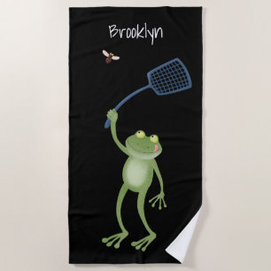 Funny green frog swatting fly cartoon beach towel