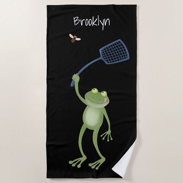 Funny green frog swatting fly cartoon  beach towel (Front)