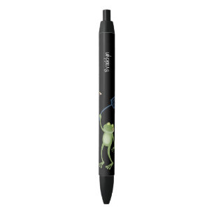 Funny green frog swatting fly cartoon black ink pen
