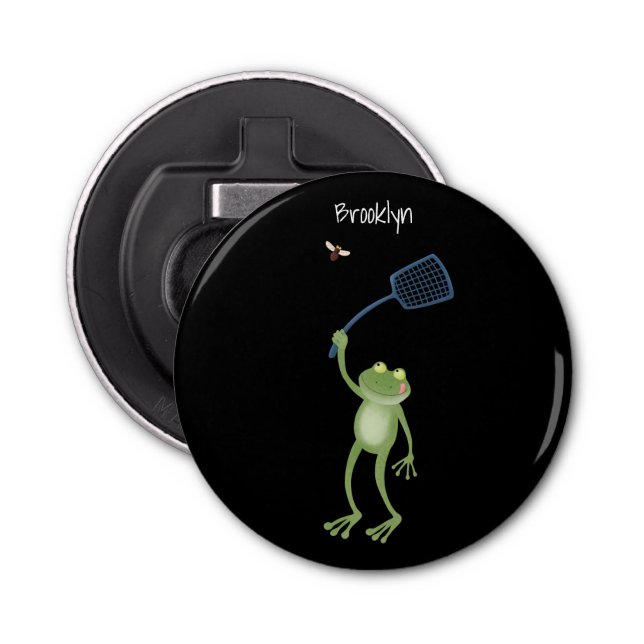 Funny green frog swatting fly cartoon  bottle opener (Front)
