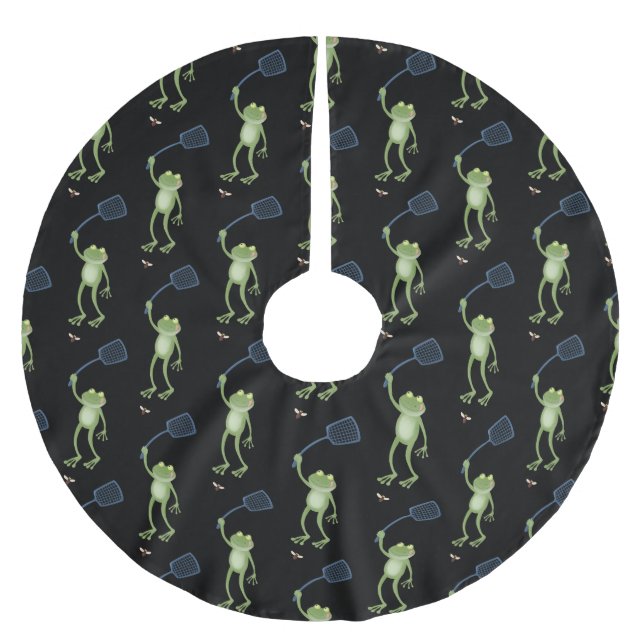 Funny green frog swatting fly cartoon  brushed polyester tree skirt (Front)