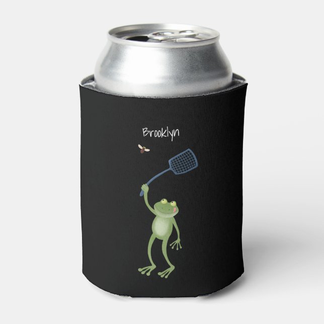 Funny green frog swatting fly cartoon  can cooler (Can Front)
