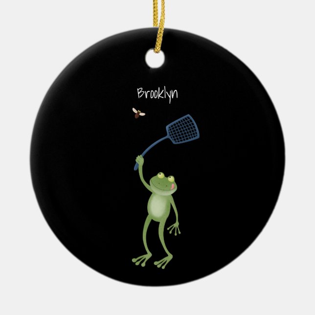 Funny green frog swatting fly cartoon  ceramic tree decoration (Front)
