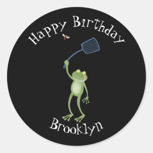 Funny green frog swatting fly cartoon   classic ro round sticker