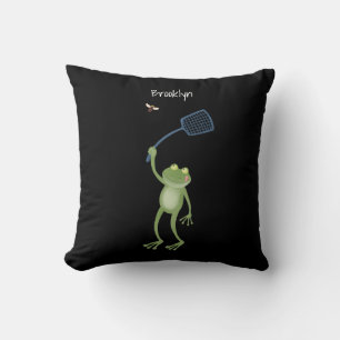 Funny green frog swatting fly cartoon cushion