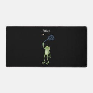 Funny green frog swatting fly cartoon desk mat