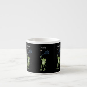 Funny green frog swatting fly cartoon espresso cup