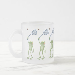 Funny green frog swatting fly cartoon frosted glass coffee mug