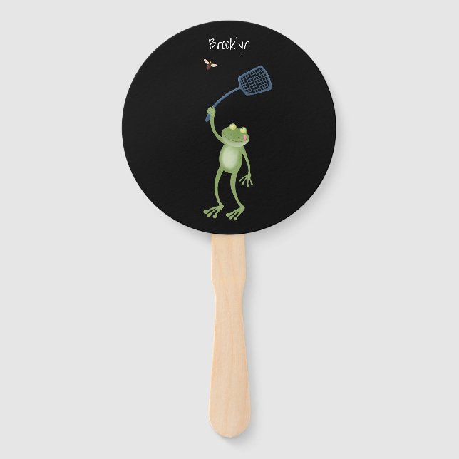 Funny green frog swatting fly cartoon hand fan (Front)