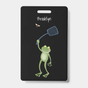 Funny green frog swatting fly cartoon ID badge