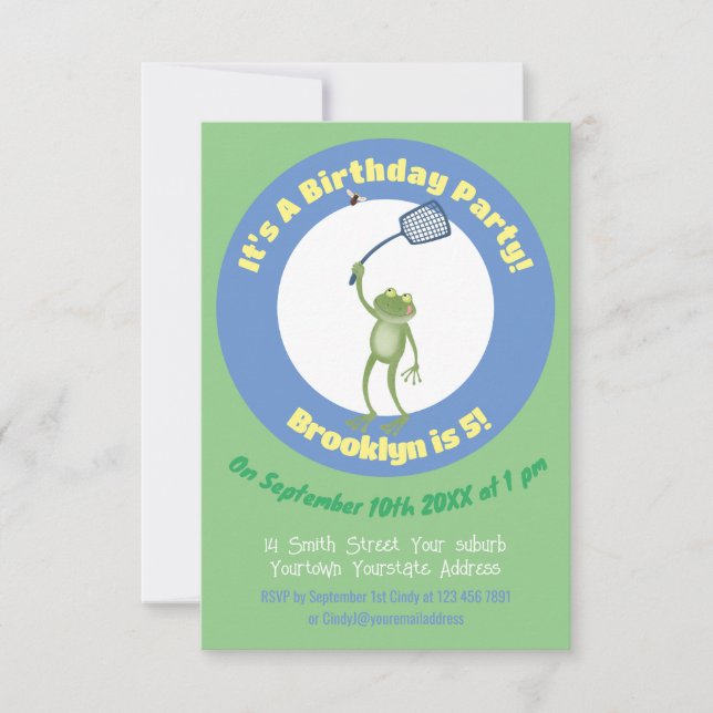 Funny green frog swatting fly cartoon  invitation (Front)