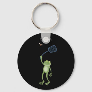 Funny green frog swatting fly cartoon key ring