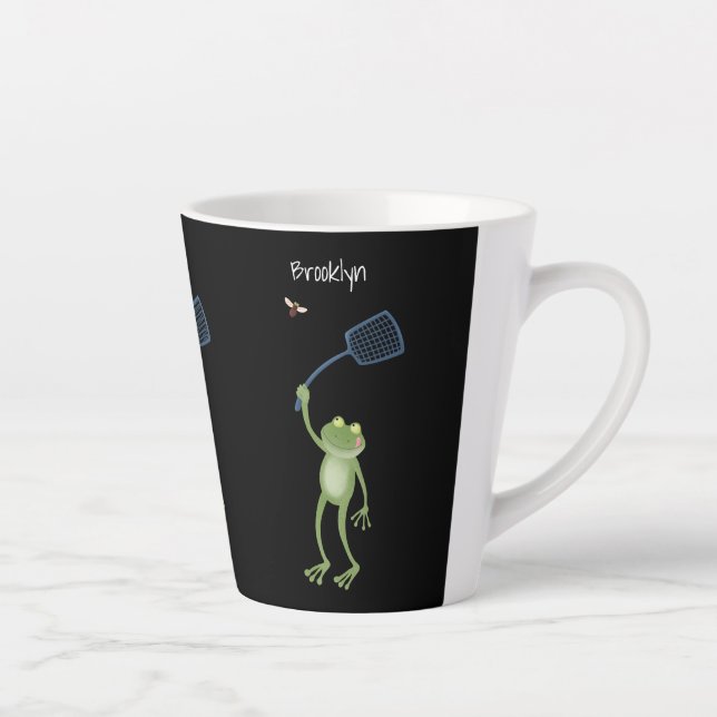 Funny green frog swatting fly cartoon  latte mug (Right)