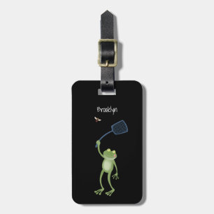 Funny green frog swatting fly cartoon luggage tag