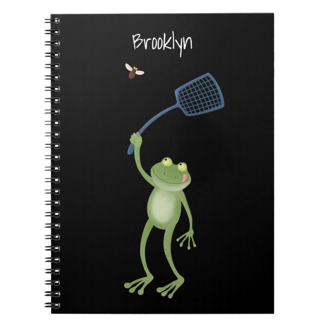 Funny green frog swatting fly cartoon notebook (Front)