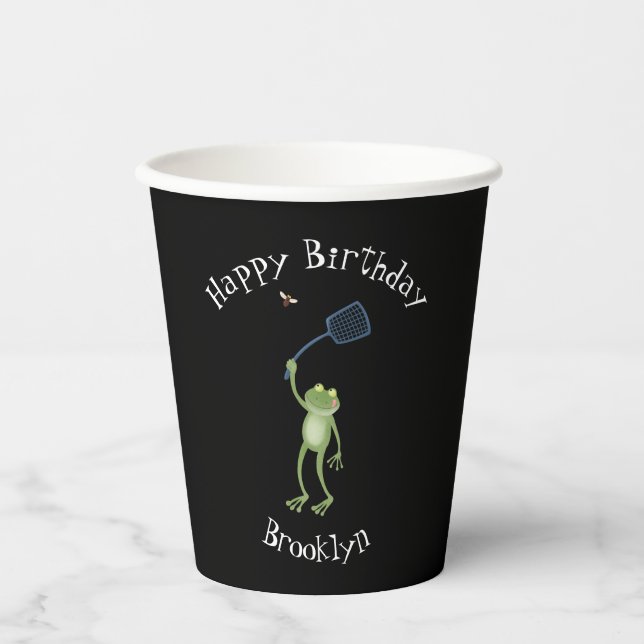 Funny green frog swatting fly cartoon  paper cups (Front)
