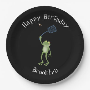 Funny green frog swatting fly cartoon  paper plate