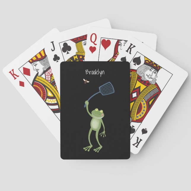 Funny green frog swatting fly cartoon personalised playing cards (Back)