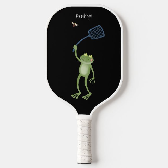 Funny green frog swatting fly cartoon pickleball paddle (Front)