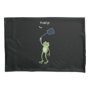 Funny green frog swatting fly cartoon  pillowcase