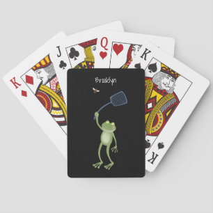 Funny green frog swatting fly cartoon  playing cards