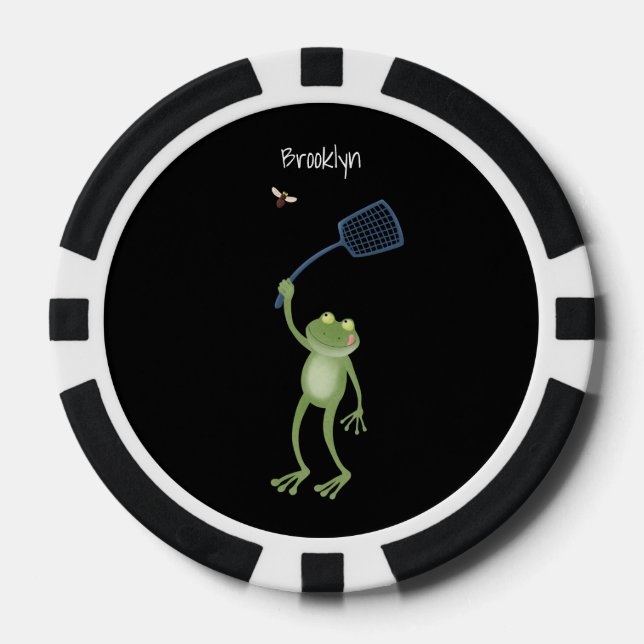 Funny green frog swatting fly cartoon poker chips (Front)