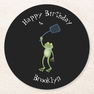 Funny green frog swatting fly cartoon round paper coaster