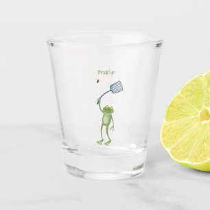 Funny green frog swatting fly cartoon shot glass