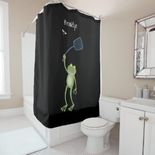 Funny green frog swatting fly cartoon shower curtain