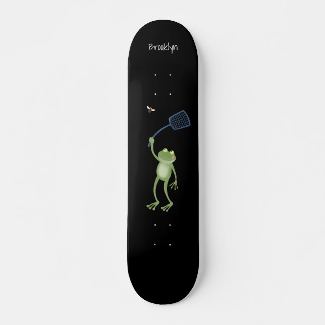 Funny green frog swatting fly cartoon skateboard (Front)