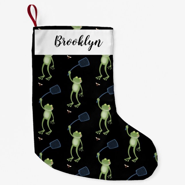 Funny green frog swatting fly cartoon  small christmas stocking (Front)