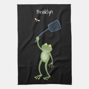 Funny green frog swatting fly cartoon tea towel