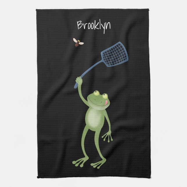 Funny green frog swatting fly cartoon tea towel (Vertical)