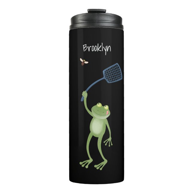 Funny green frog swatting fly cartoon  thermal tumbler (Front)