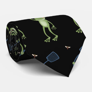 Funny green frog swatting fly cartoon tie
