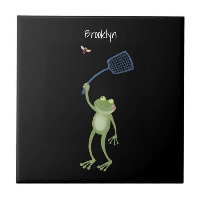 Funny green frog swatting fly cartoon  tile (Front)