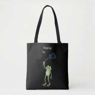 Funny green frog swatting fly cartoon tote bag