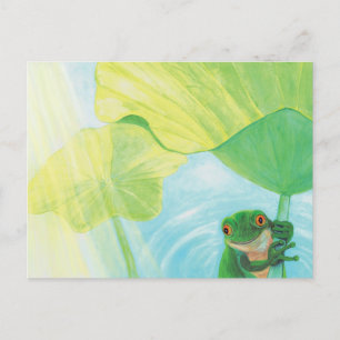 Funny Green Frog under Lily Pad   Postcard