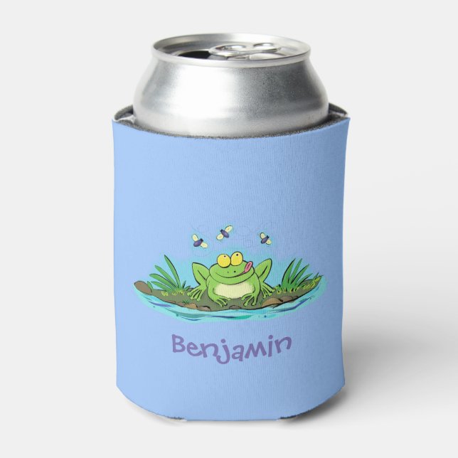 Funny green frog with flies cartoon illustration can cooler (Can Front)