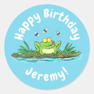 Funny green frog with flies cartoon illustration classic round sticker